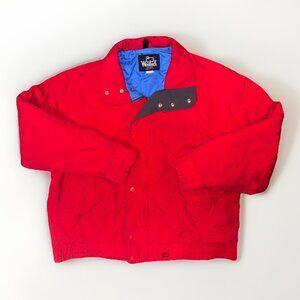 Vintage Woolrich Mens Large Full Zip Lined Bomber Jacket Coat Red Nylon